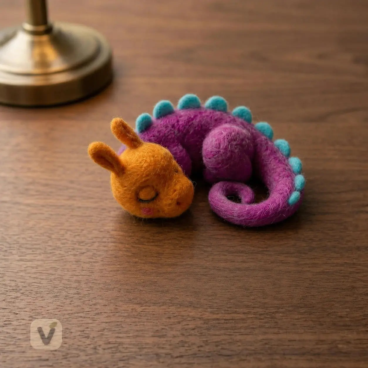 Handmade Wool Felt Sleeping Baby Dragon Figurine with Cyan Spikes – Cute Fantasy Creature Table Decor