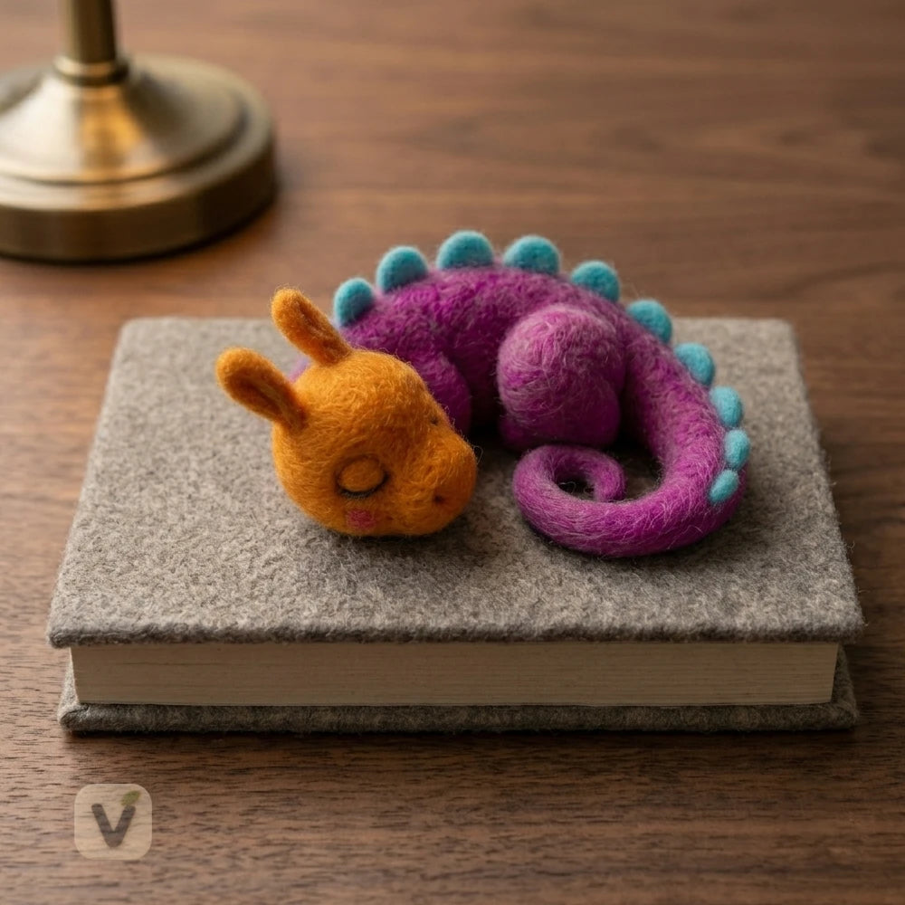 Handmade Wool Felt Sleeping Baby Dragon Figurine with Cyan Spikes – Cute Fantasy Creature Table Decor