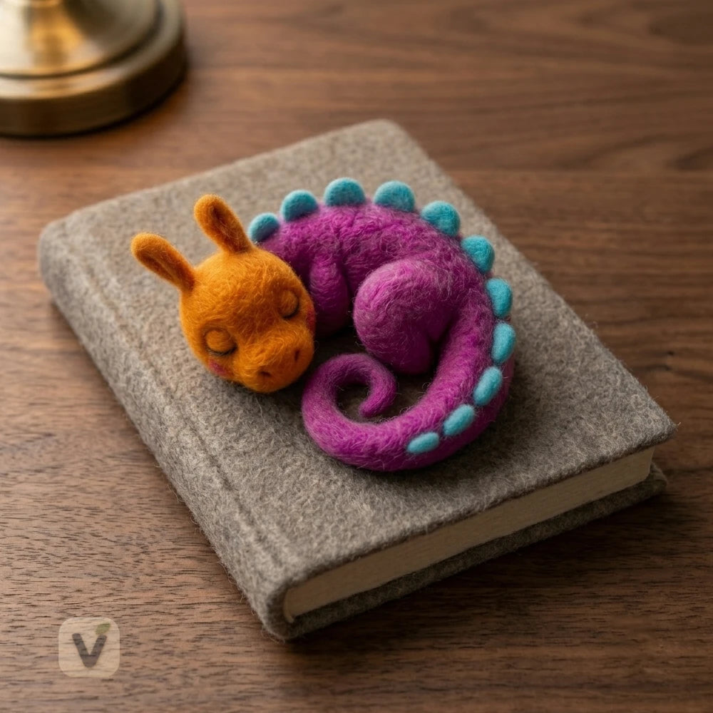 Handmade Wool Felt Sleeping Baby Dragon Figurine with Cyan Spikes – Cute Fantasy Creature Table Decor