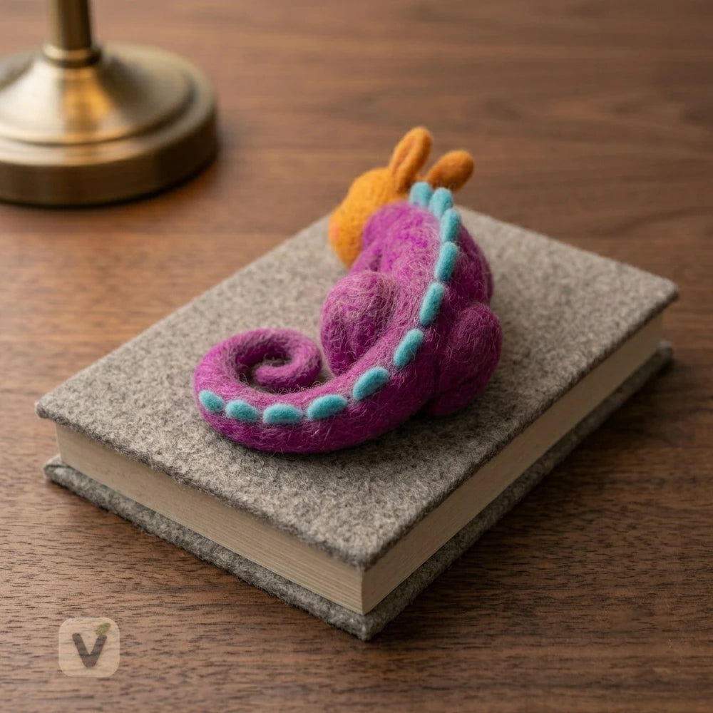 Handmade Wool Felt Sleeping Baby Dragon Figurine with Cyan Spikes – Cute Fantasy Creature Table Decor