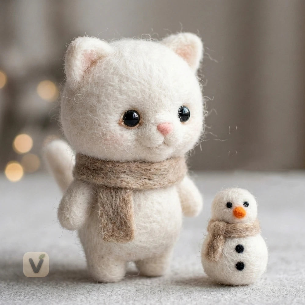 Handmade Wool Felt White Kitten with Mini Snowman Figurine Set – Warm Winter Christmas Table Decor