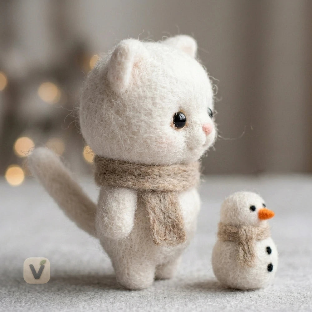 Handmade Wool Felt White Kitten with Mini Snowman Figurine Set – Warm Winter Christmas Table Decor