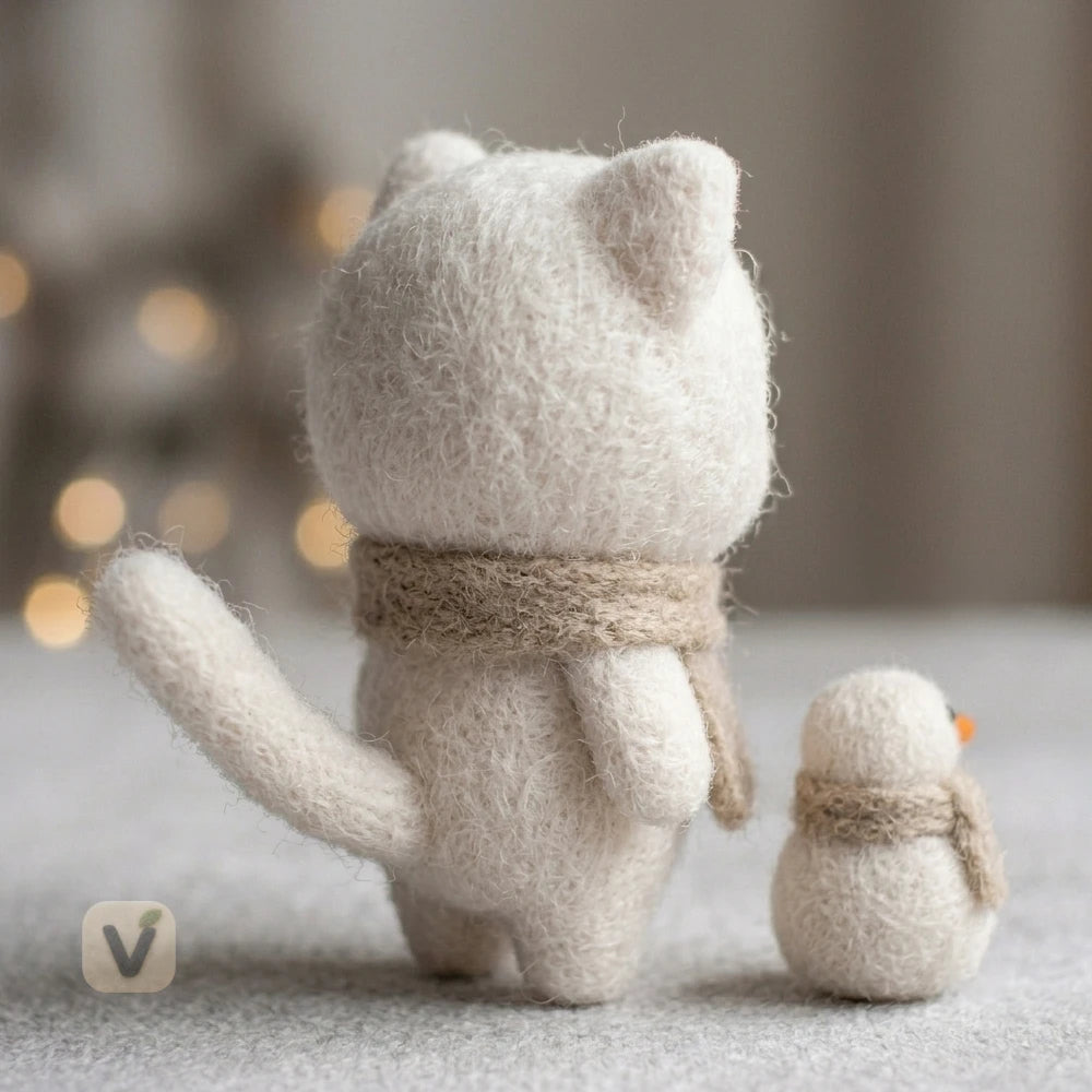 Handmade Wool Felt White Kitten with Mini Snowman Figurine Set – Warm Winter Christmas Table Decor