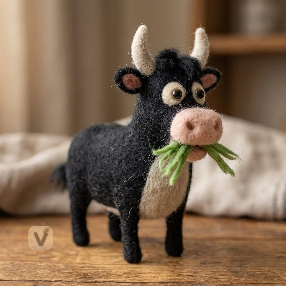 Handmade Wool Felt Cute Black Cow Figurine with Green Grass – Farm Animal Tabletop Decor