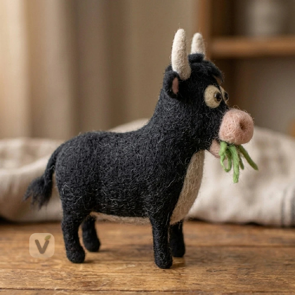 Handmade Wool Felt Cute Black Cow Figurine with Green Grass – Farm Animal Tabletop Decor