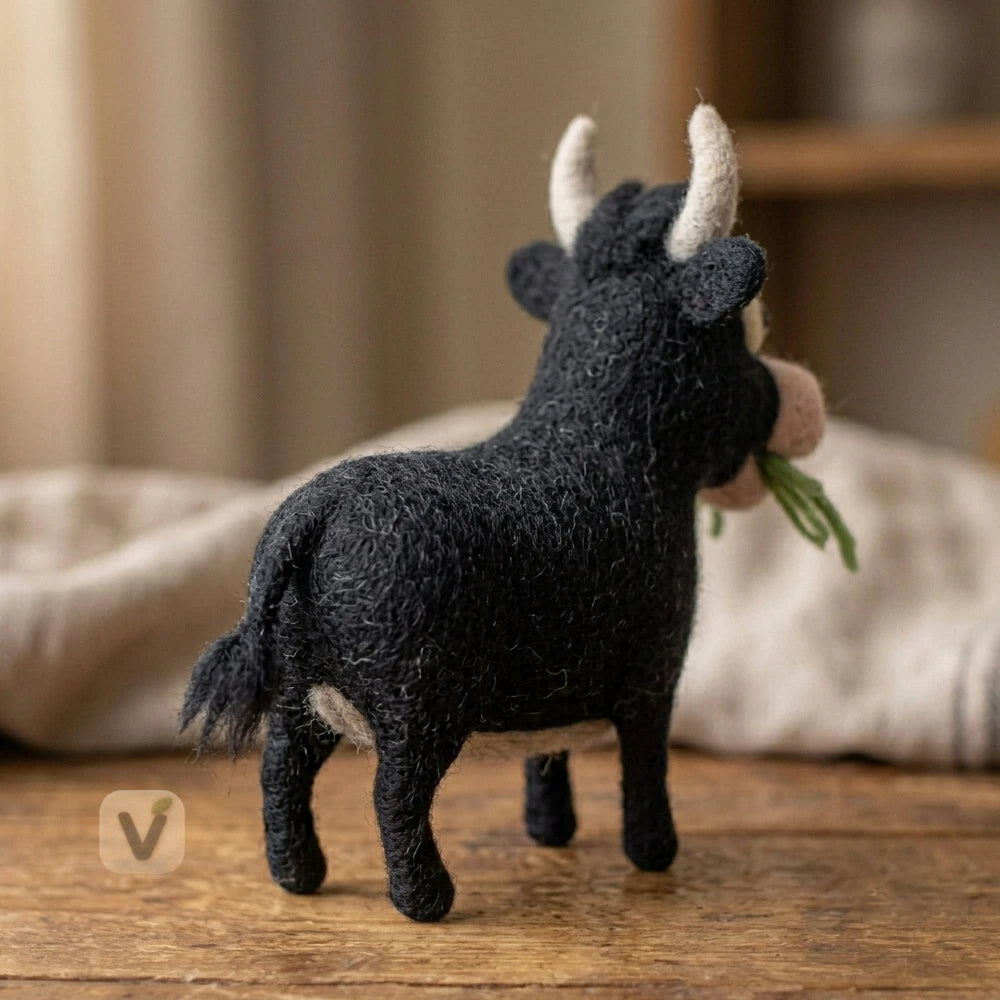Handmade Wool Felt Cute Black Cow Figurine with Green Grass – Farm Animal Tabletop Decor