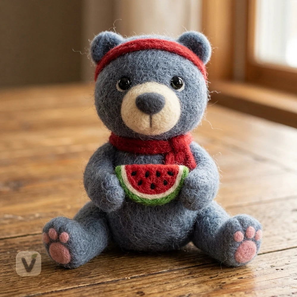 Handmade Wool Felt Blue Bear Figurine with Red Headband Scarf and Watermelon Slice – Cute Summer Table Decor