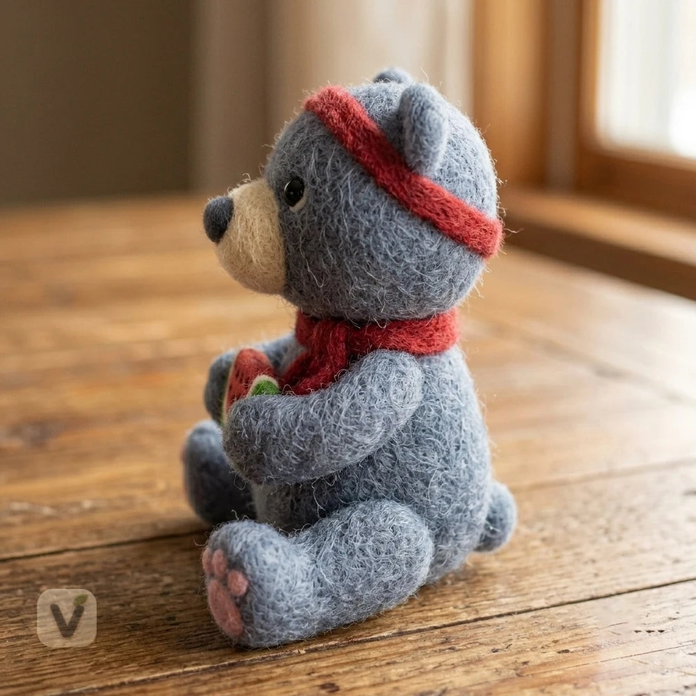 Handmade Wool Felt Blue Bear Figurine with Red Headband Scarf and Watermelon Slice – Cute Summer Table Decor