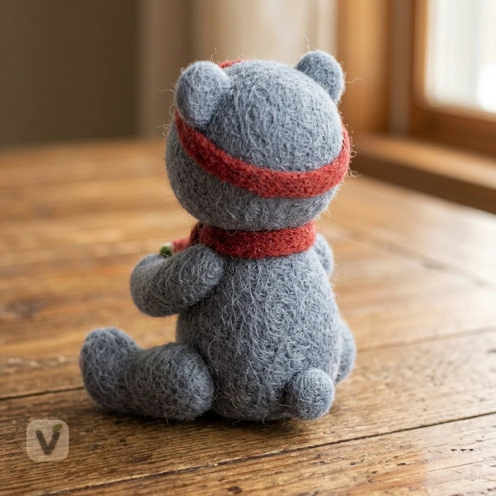 Handmade Wool Felt Blue Bear Figurine with Red Headband Scarf and Watermelon Slice – Cute Summer Table Decor