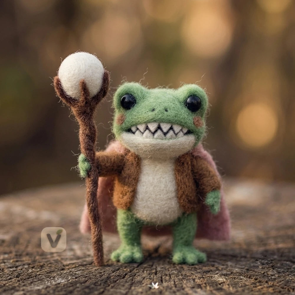 Handmade Wool Felt Wizard Frog Figurine with Magic Staff and Cape – Cute Fantasy Forest Desktop Decor