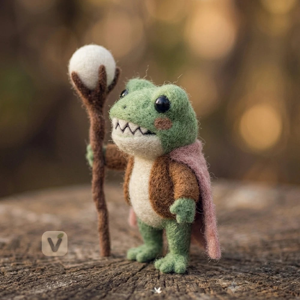 Handmade Wool Felt Wizard Frog Figurine with Magic Staff and Cape – Cute Fantasy Forest Desktop Decor