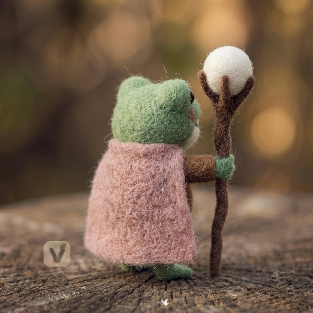 Handmade Wool Felt Wizard Frog Figurine with Magic Staff and Cape – Cute Fantasy Forest Desktop Decor