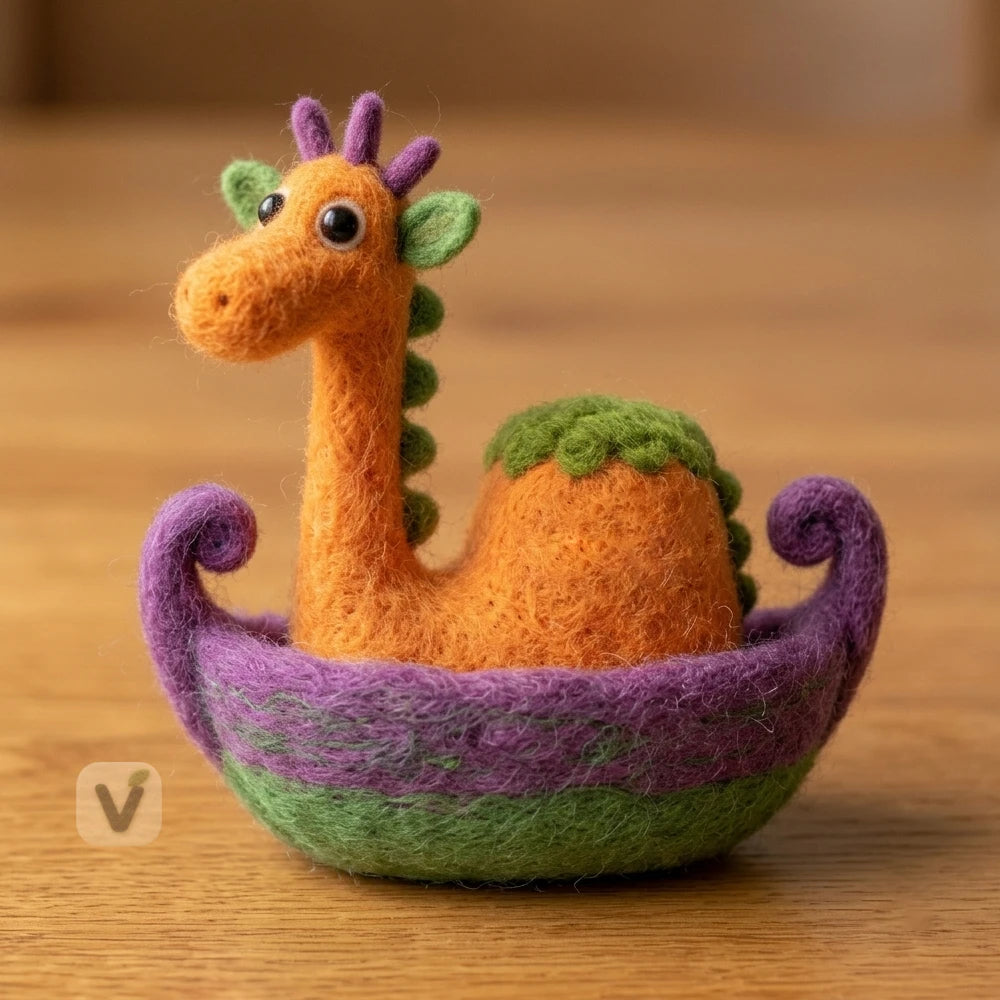 Handmade Wool Felt Cute Loch Ness Monster Integrated Wool Boat Figurine – Fantasy Lake Creature Desktop Decor