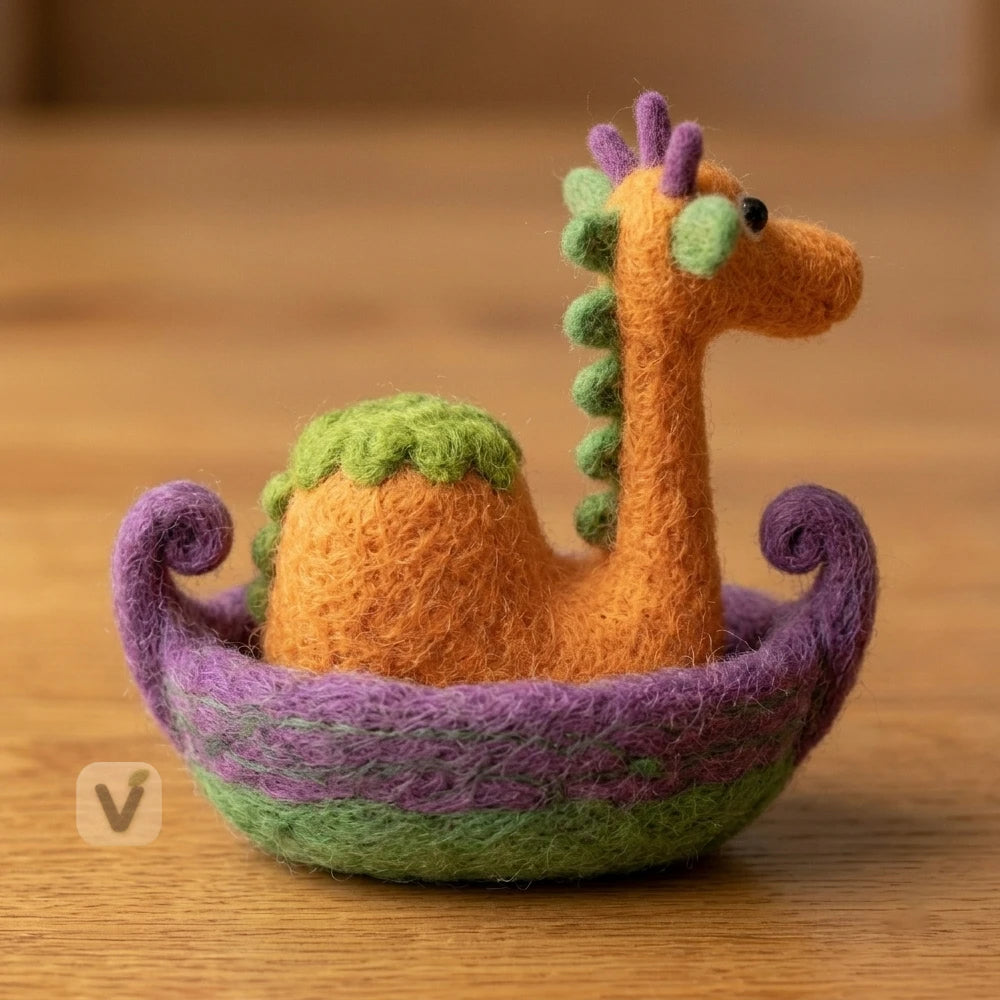 Handmade Wool Felt Cute Loch Ness Monster Integrated Wool Boat Figurine – Fantasy Lake Creature Desktop Decor