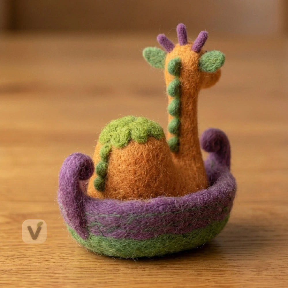 Handmade Wool Felt Cute Loch Ness Monster Integrated Wool Boat Figurine – Fantasy Lake Creature Desktop Decor