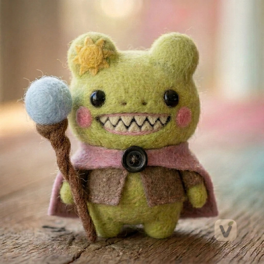 Handmade Wool Felt Sun Wizard Frog Figurine with Blue Orb Magic Staff – Kawaii Fantasy Desktop Decor
