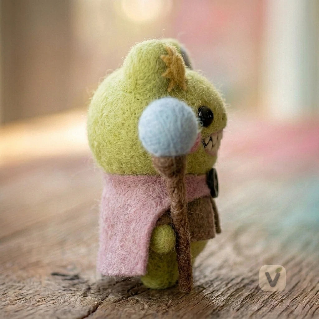 Handmade Wool Felt Sun Wizard Frog Figurine with Blue Orb Magic Staff – Kawaii Fantasy Desktop Decor