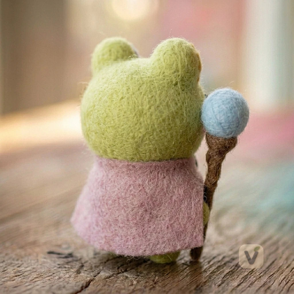 Handmade Wool Felt Sun Wizard Frog Figurine with Blue Orb Magic Staff – Kawaii Fantasy Desktop Decor
