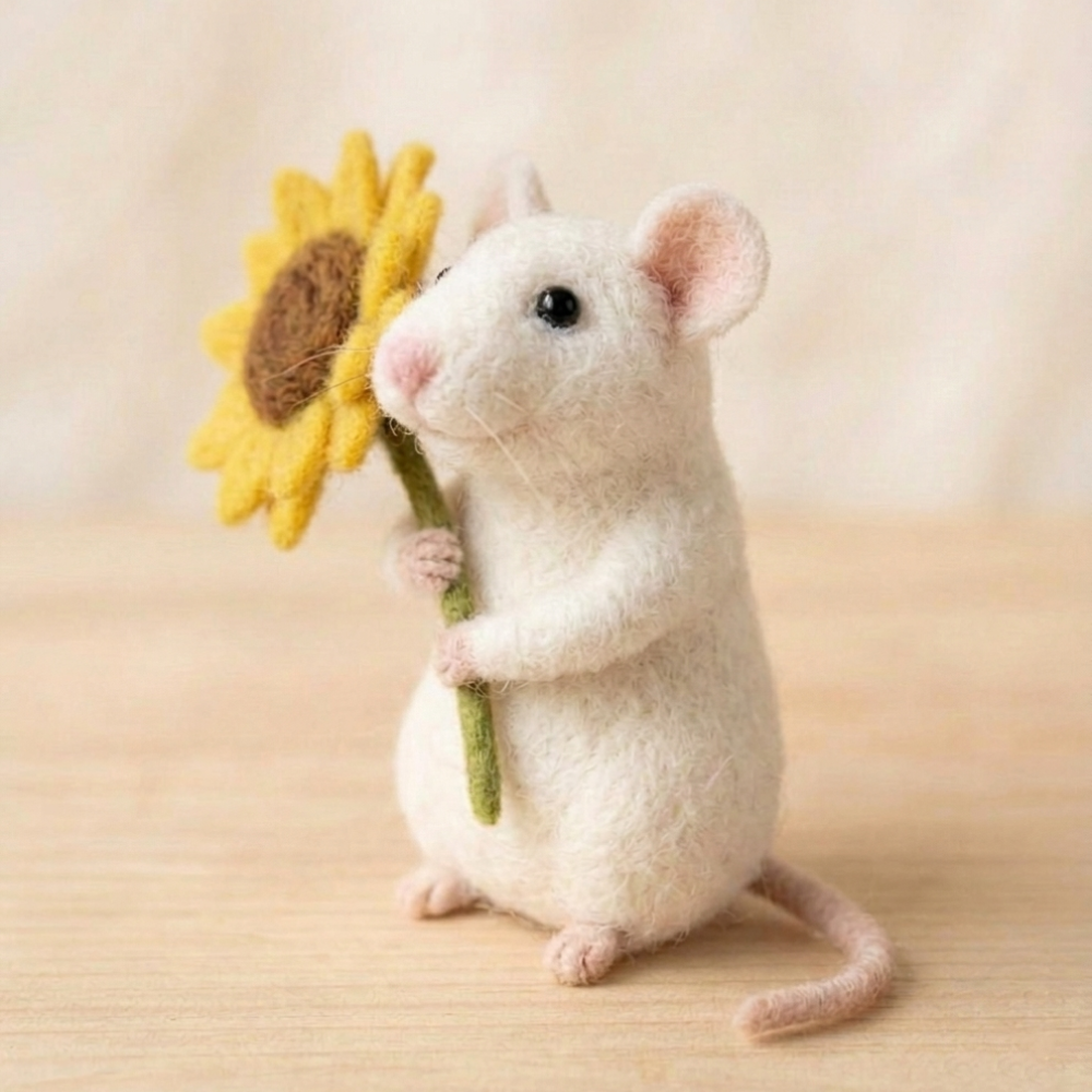 Handmade Wool Felt Sunflower Mouse Figurine – Cute Whimsical Decor