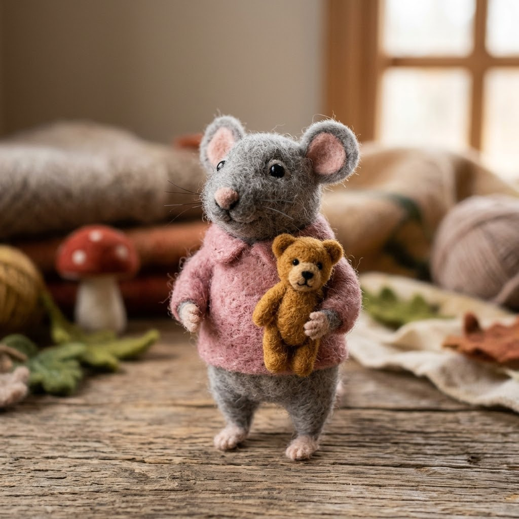Handmade Wool Felt Mouse with Teddy Bear Figurine – Cute Whimsical Cozy Decor
