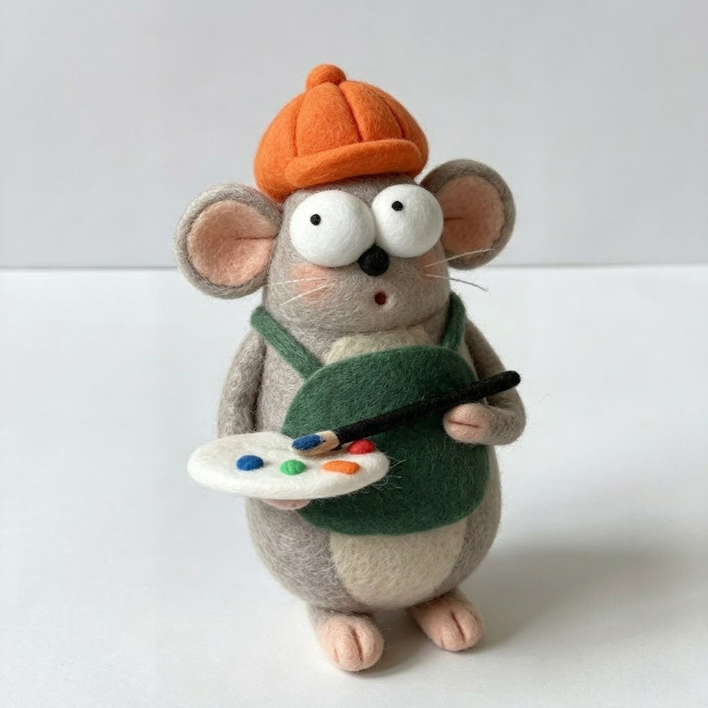 Handmade Wool Felt Artist Mouse Figurine – Cute Creative Themed Decor