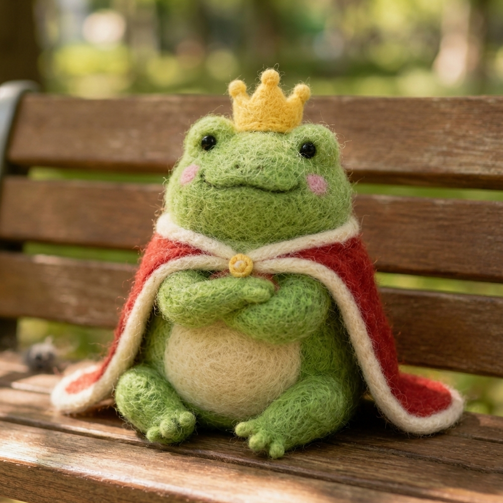 Handmade Wool Felt Frog Prince Figurine – Cute Whimsical Decor