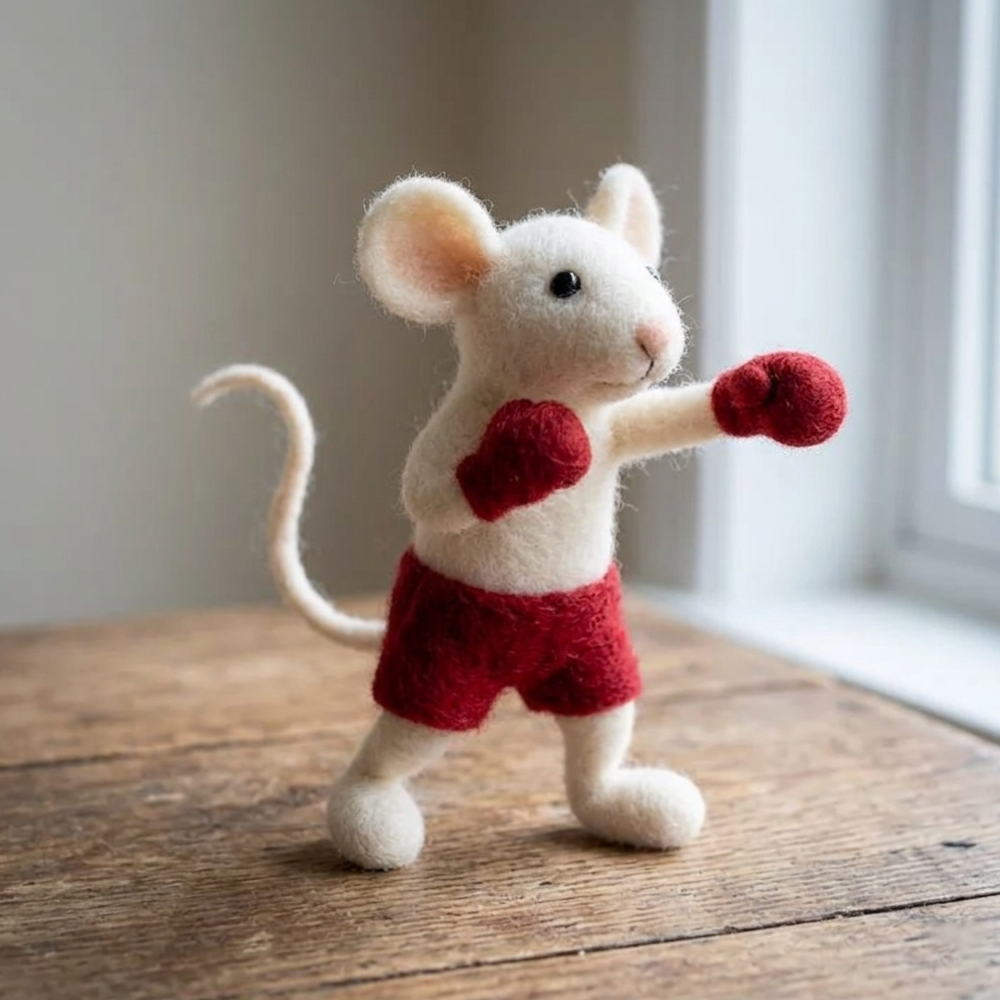 Handmade Wool Felt Boxing Mouse Figurine – Cute Whimsical Decor