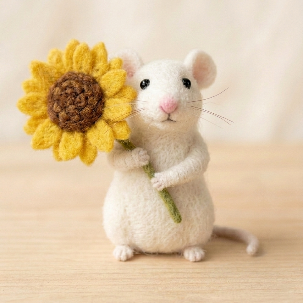 Handmade Wool Felt Sunflower Mouse Figurine – Cute Whimsical Decor