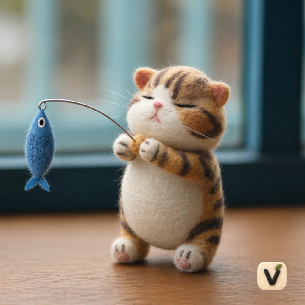 Handmade Wool Felt Fishing Cat Figurine – Cute Tabby Cat with Fish Decor