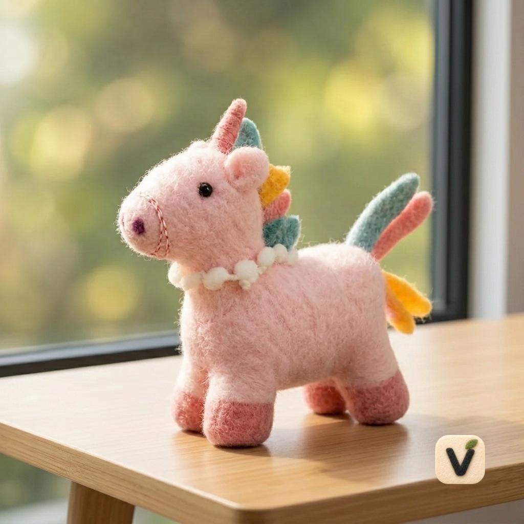 Handcrafted Wool Felt Unicorn Figurine - Cute Pink Mythical Craft Decor