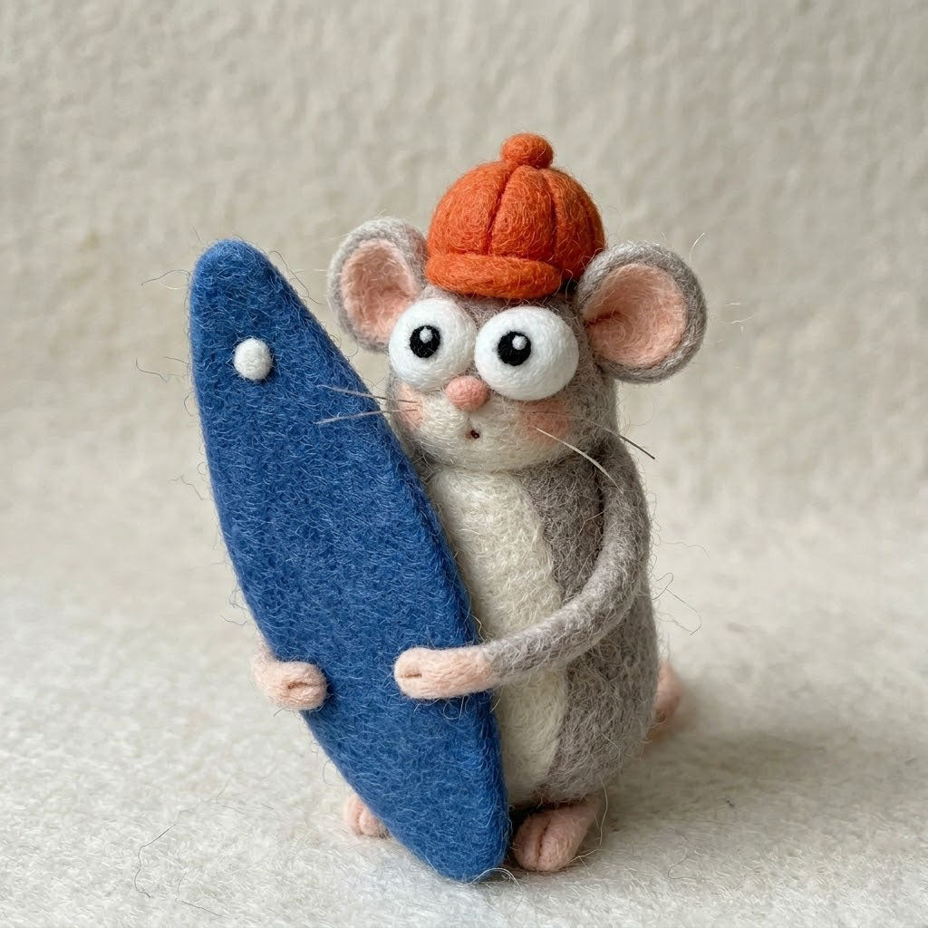 Handmade Wool Felt Surfer Mouse Figurine – Cute Summer Beach Themed Decor