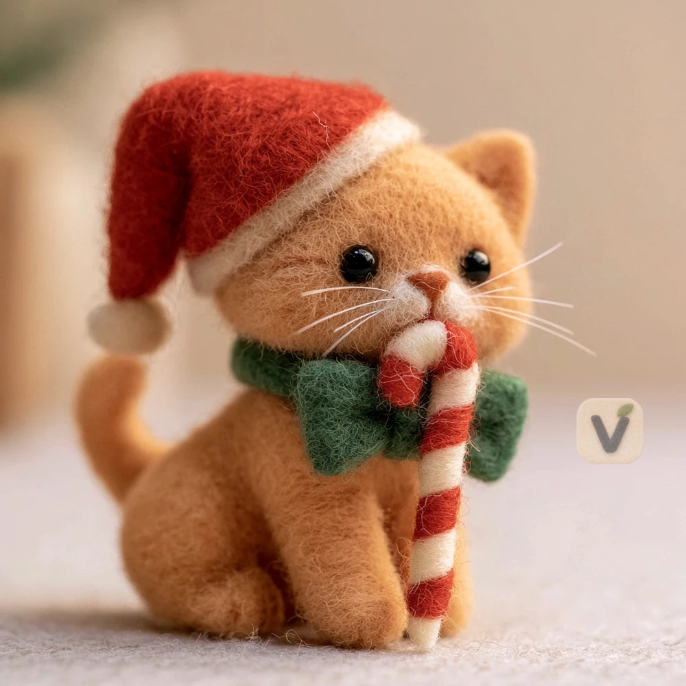 Handmade Wool Felt Christmas Orange Cat Ornament with Santa Hat, Bow and Candy Cane – Cute Festive Desktop Decor