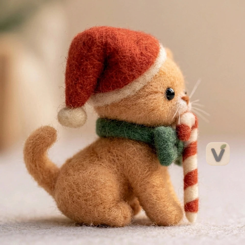 Handmade Wool Felt Christmas Orange Cat Ornament with Santa Hat, Bow and Candy Cane – Cute Festive Desktop Decor