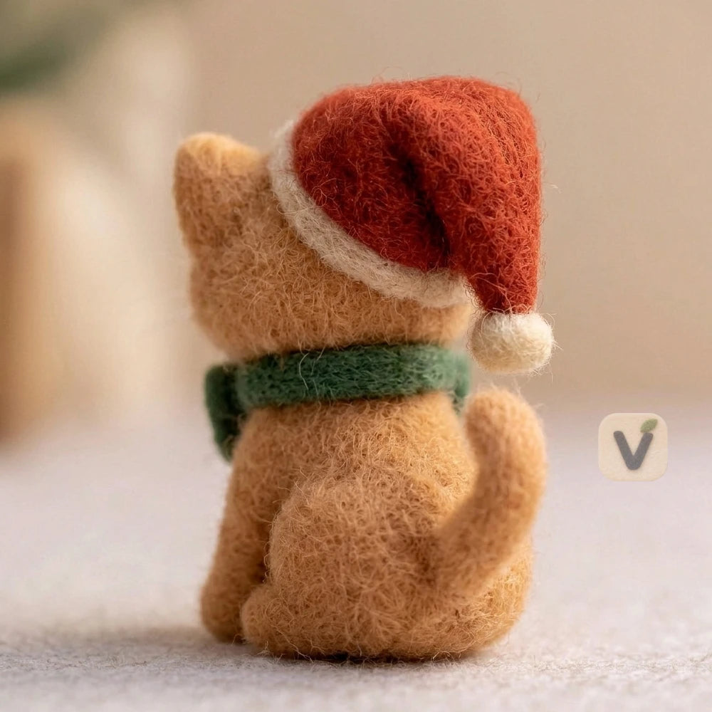 Handmade Wool Felt Christmas Orange Cat Ornament with Santa Hat, Bow and Candy Cane – Cute Festive Desktop Decor