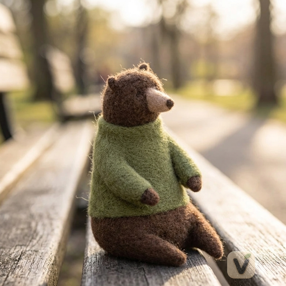 Handmade Wool Felt Bear in Green Sweater Figurine – Cute Whimsical Decor