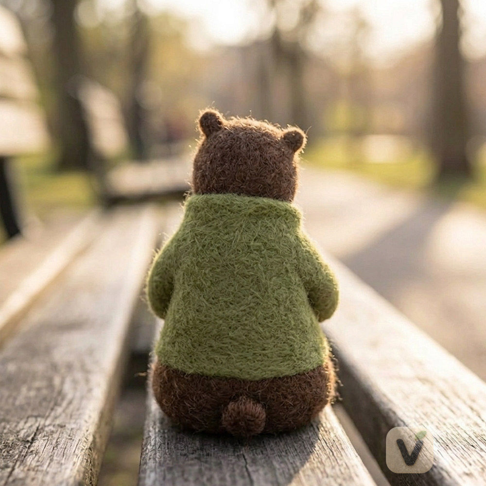 Handmade Wool Felt Bear in Green Sweater Figurine – Cute Whimsical Decor