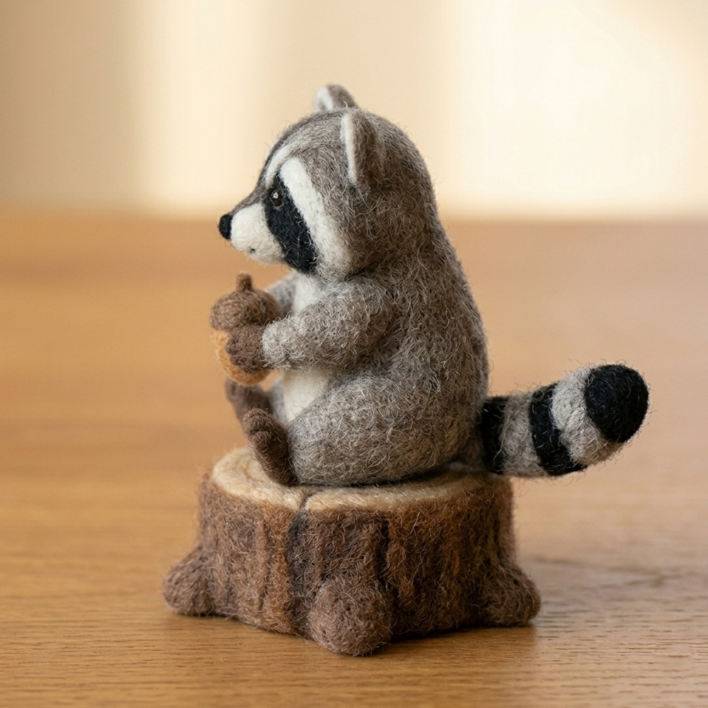 Handmade Wool Felt Raccoon with Acorn on Tree Stump Figurine – Cute Woodland Decor