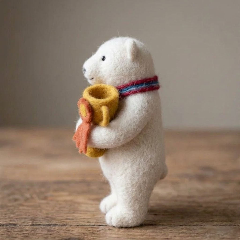 Handmade Wool Felt Polar Bear with Trophy Figurine – Cute Victory Decor