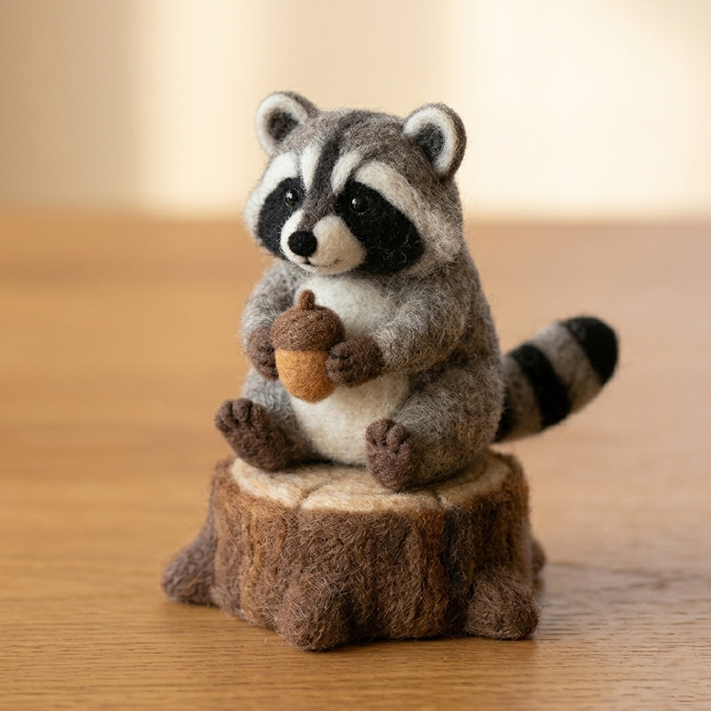 Handmade Wool Felt Raccoon with Acorn on Tree Stump Figurine – Cute Woodland Decor