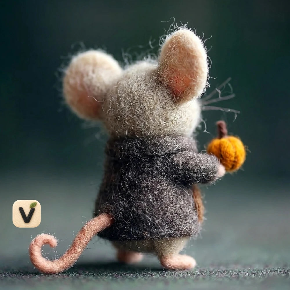 Handmade Wool Felt Autumn Mouse Figurine with Mini Pumpkin & Brown Coat – Fall Season Decor