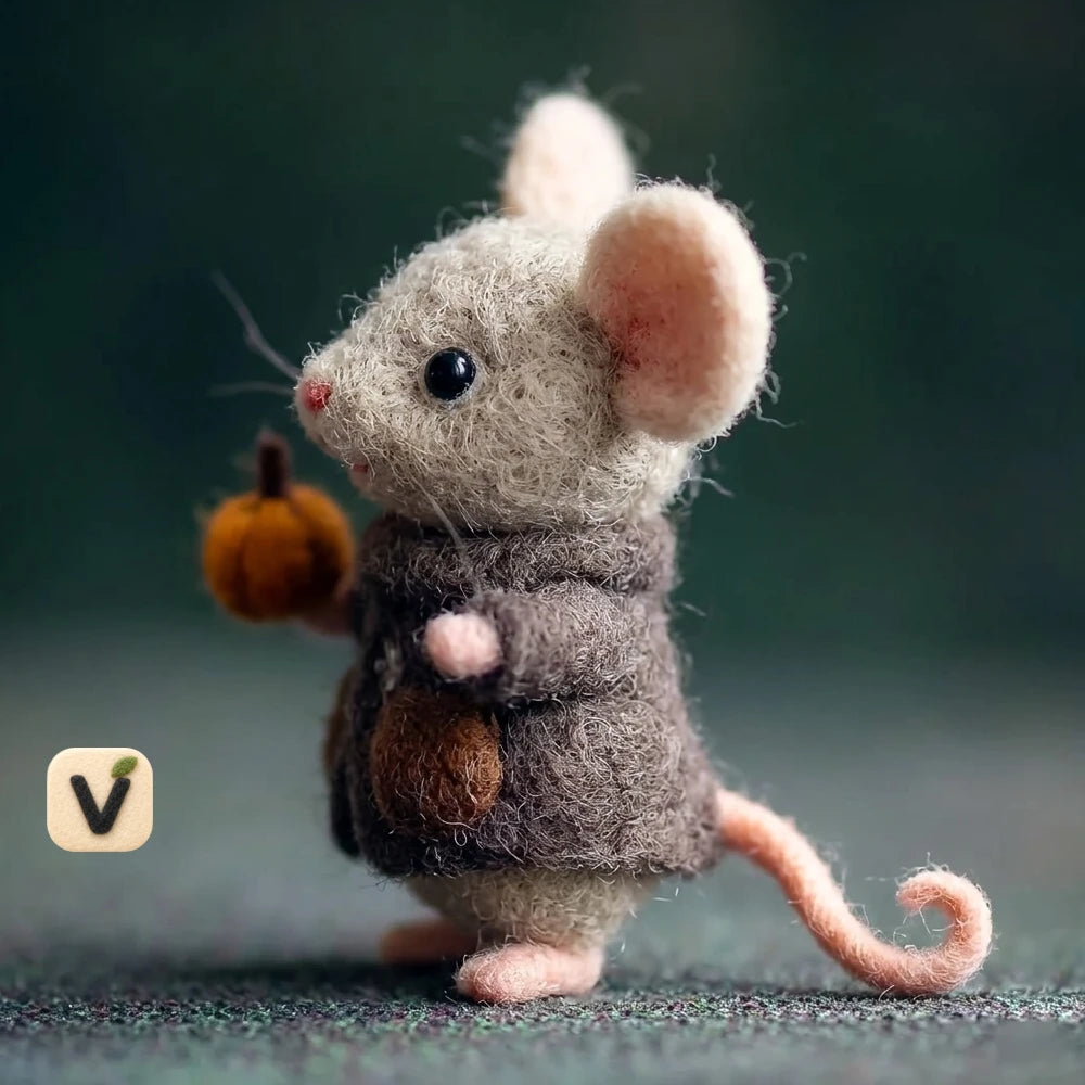 Handmade Wool Felt Autumn Mouse Figurine with Mini Pumpkin & Brown Coat – Fall Season Decor