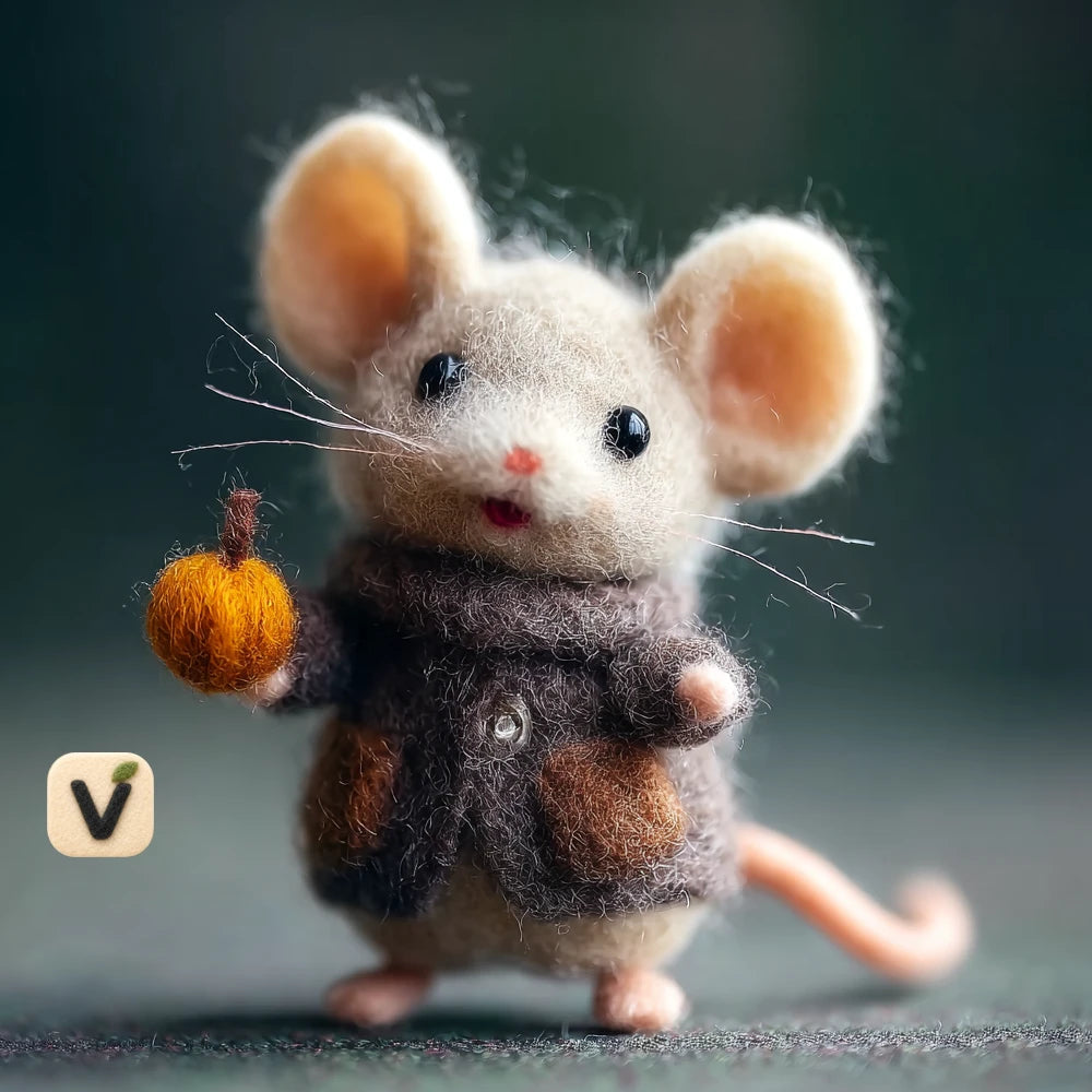 Handmade Wool Felt Autumn Mouse Figurine with Mini Pumpkin & Brown Coat – Fall Season Decor