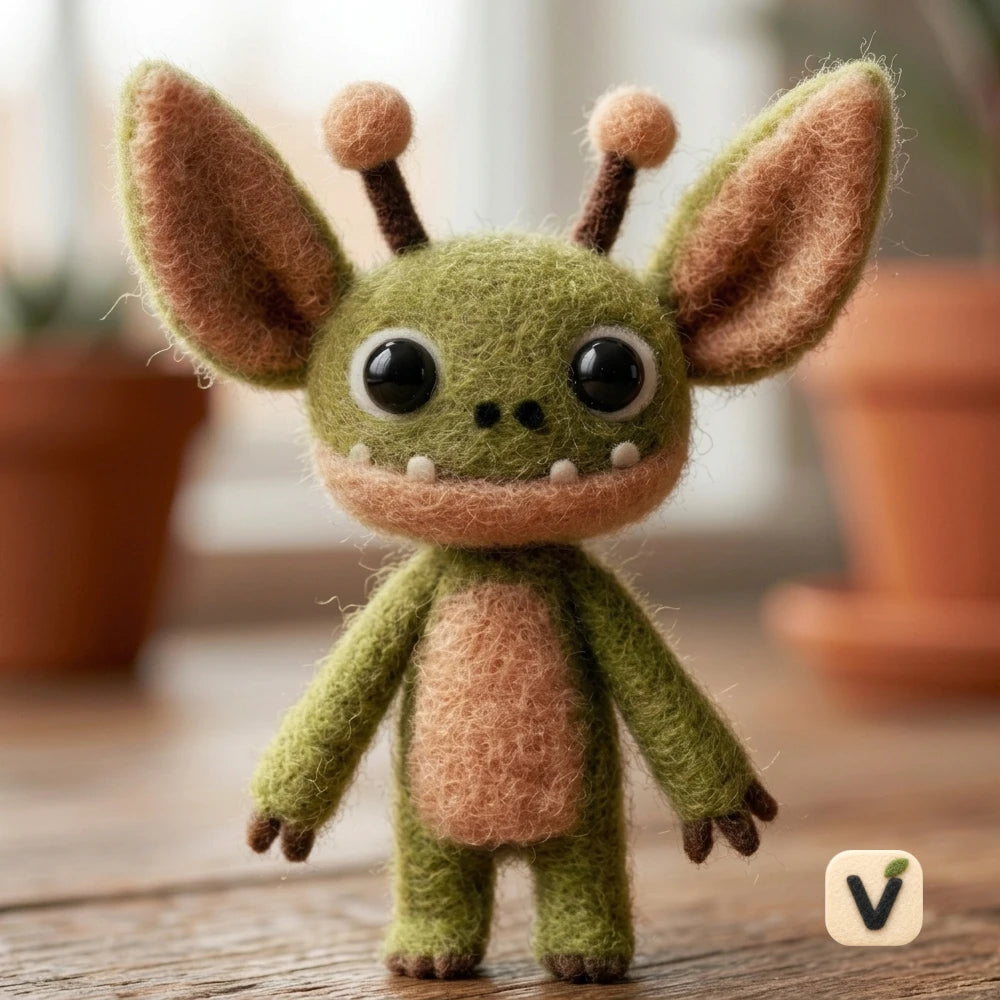 Handmade Wool Felt Cute Alien Little Monster with Big Ears and Antennae – Fantasy Desktop Ornament
