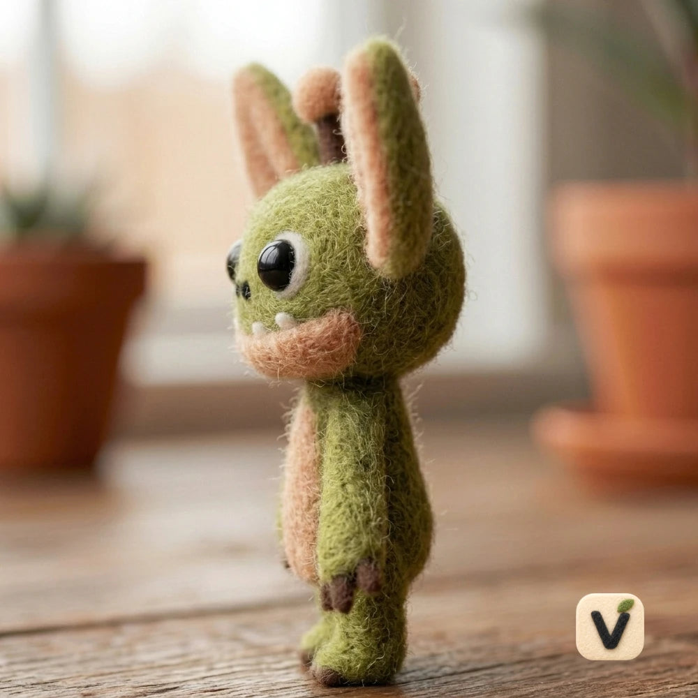 Handmade Wool Felt Cute Alien Little Monster with Big Ears and Antennae – Fantasy Desktop Ornament
