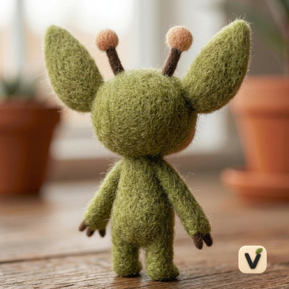 Handmade Wool Felt Cute Alien Little Monster with Big Ears and Antennae – Fantasy Desktop Ornament