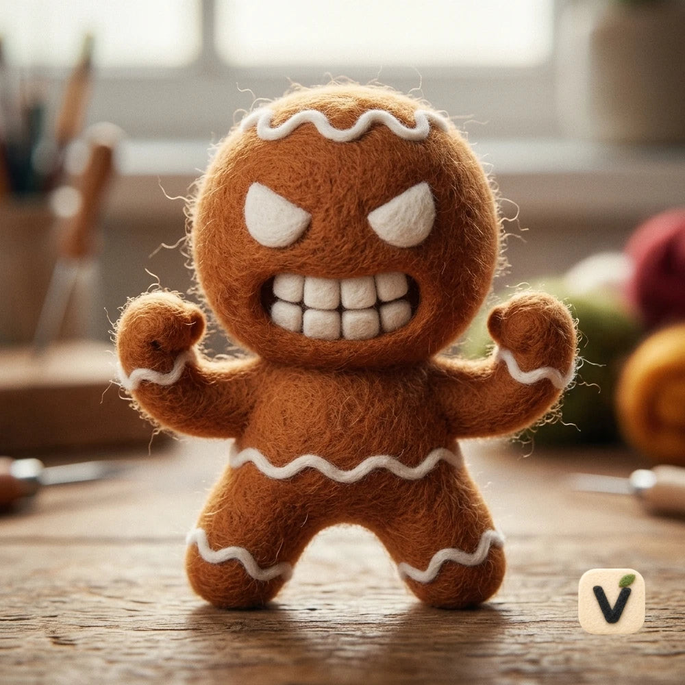 Handmade Wool Felt Fist Pump Angry Gingerbread Man – Festive Motivational Desktop Ornament