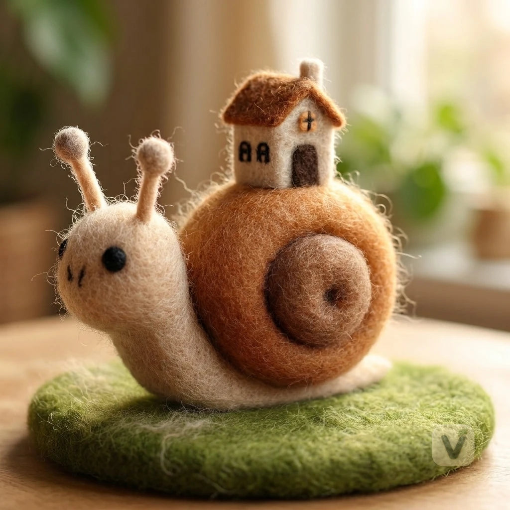 Handmade Wool Felt Snail with Mini House on Shell & Grass Base – Whimsical Forest Desktop Ornament