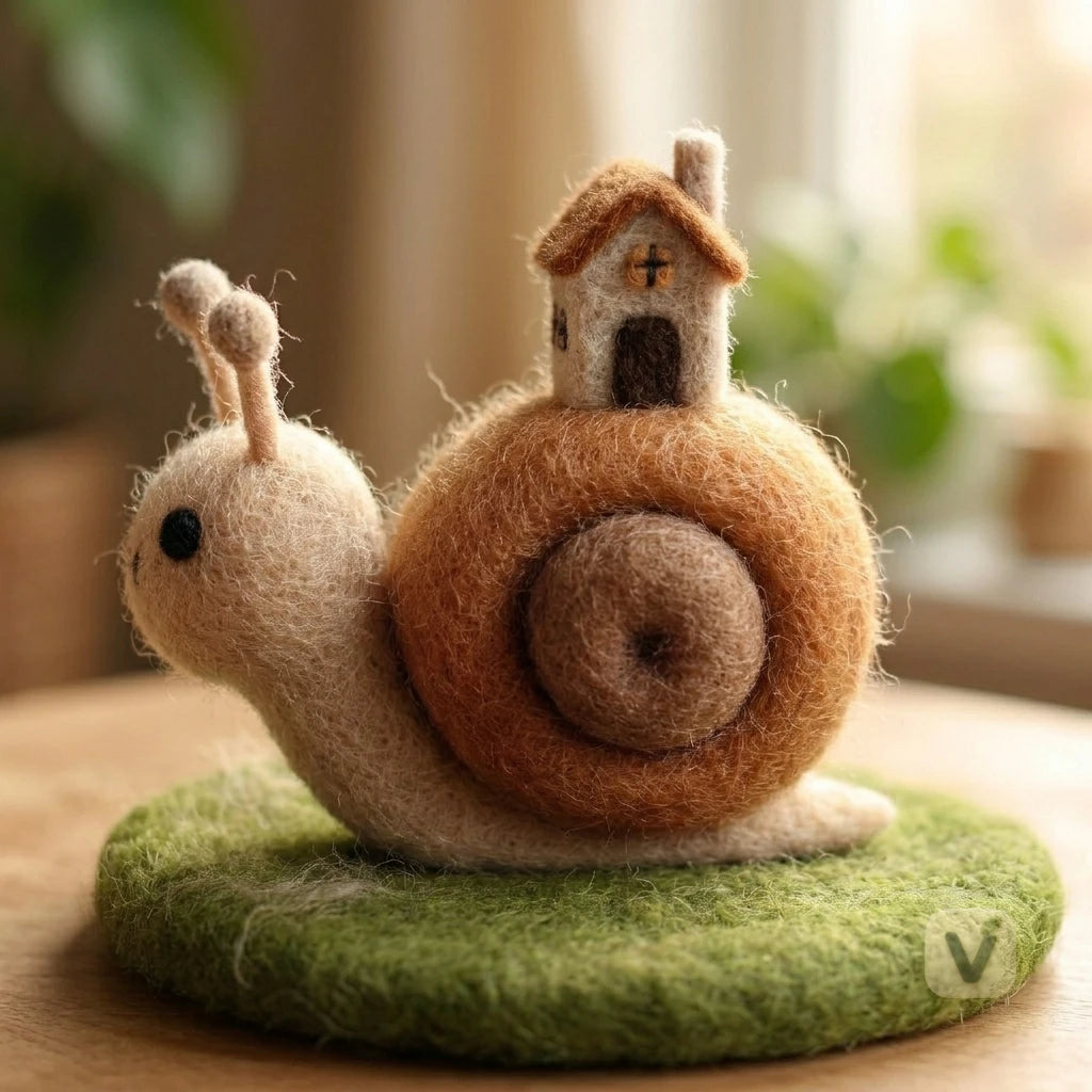 Handmade Wool Felt Snail with Mini House on Shell & Grass Base – Whimsical Forest Desktop Ornament