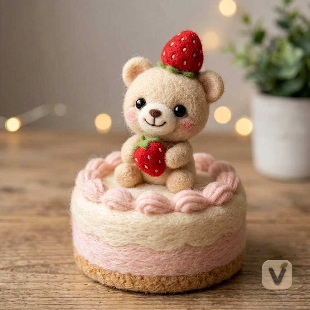 Handmade Wool Felt Bear on Strawberry Cake Ornament – Cute Dessert Themed Desktop Figurine