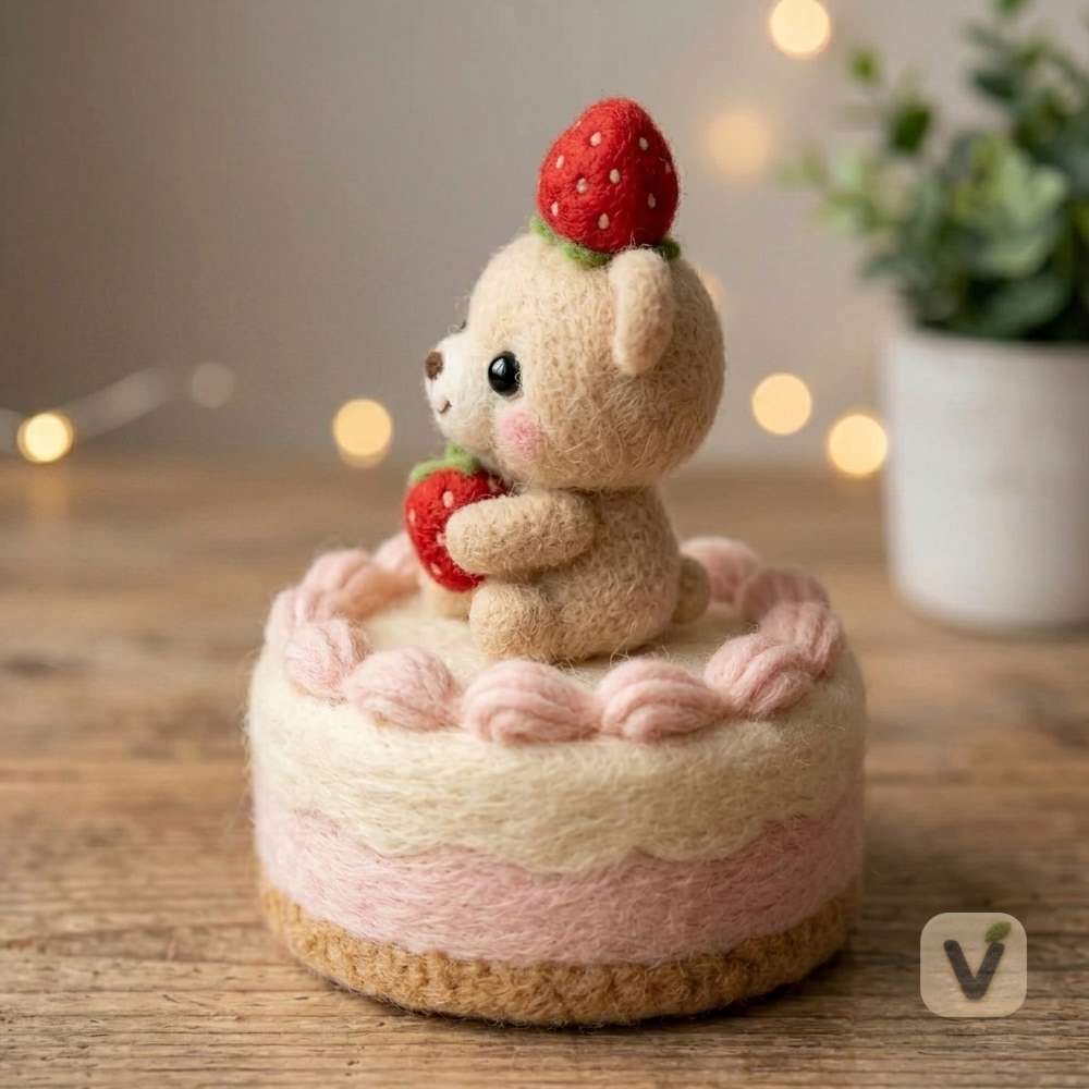 Handmade Wool Felt Bear on Strawberry Cake Ornament – Cute Dessert Themed Desktop Figurine